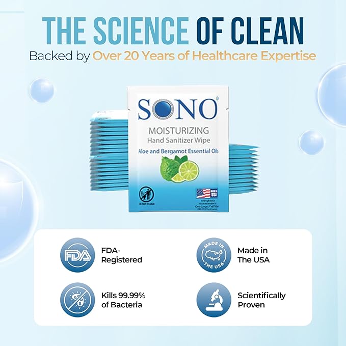 SONO Alcohol-Free Sanitizing Hand Wipes with Bergamot & Aloe Essential Oil - Hospital-Grade Disinfectant - Individually Wrapped Travel Size - 500 Pack - Gentle Cleaning & Germ Protection Anywhere