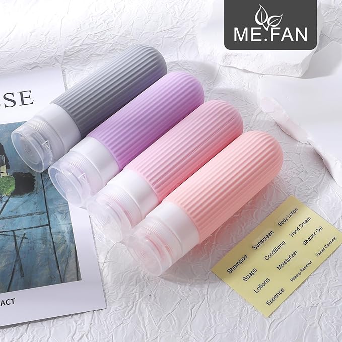 ME.FAN Travel Bottles for Toiletries, TSA Approved 3oz Silicone Journey Size Containers, Portable Split Bottle for Conditioner, Shampoo, Lotion- 4 Pack Purple