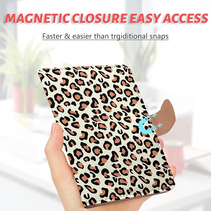 Passport Holder, Travel Wallet Cover with Pen Loop | Cute RFID Blocking Leather Case with Magnetic Closure for Travel Essentials-Leopard