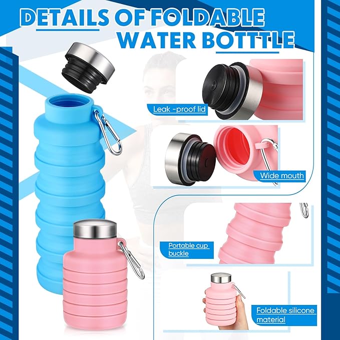 Baderke 2 Pcs Collapsible Water Bottles 17oz Silicone Travel Foldable Portable Water Bottle with Buckle Silicone Lightweight Reusable Leakproof for Camping Hiking Cycling Sport(Pink, Blue)