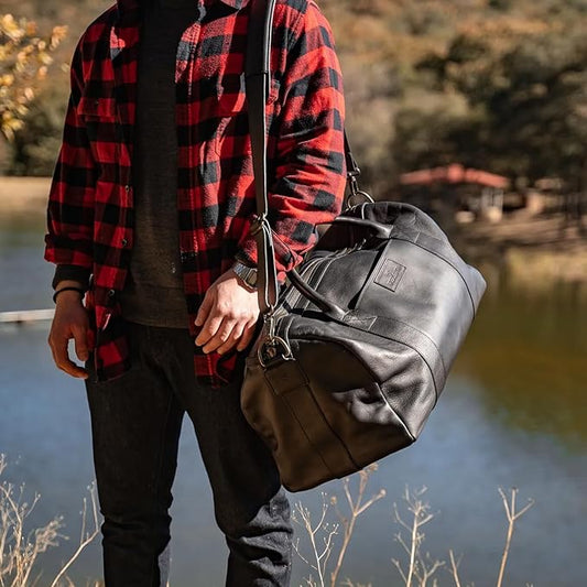 Full Grain Leather Duffle Bag – 40L Travel, Gym & Carry-On Weekender for Men | Handcrafted Overnight Bag with Brass Hardware, Black Style
