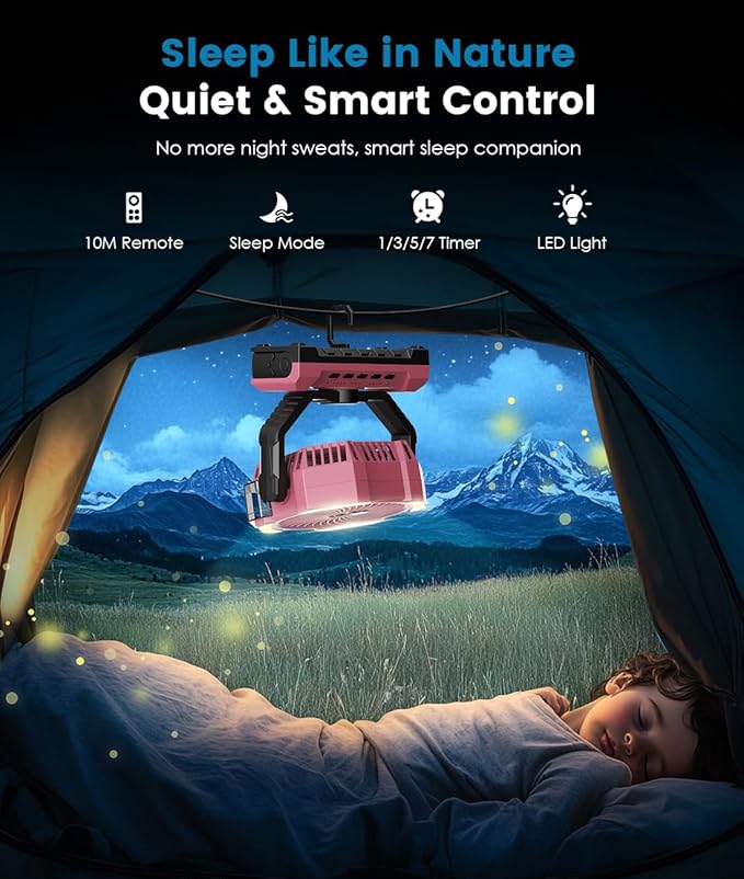 Misting Fan - Pink Portable Rechargeable Fan with 9oz Water Tank, Light, Hook - Versatile, 120H MAX Cooling, Last 5H Mist, 4 Speed, Sleep Mode - Outdoor Fans for Camping, Travel, Patios