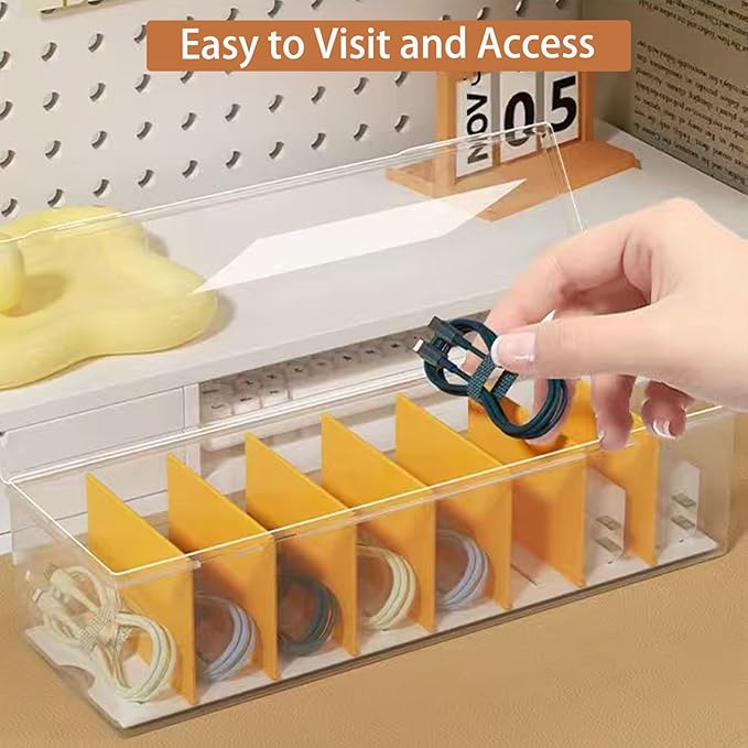 3 Pack Clear Cable Organizer Box with Lid, Plastic Charger Cable Cord Storage Organizer, Stackable Office Desk Organizers, Multifunctional Accessories Storage Box Fit in Home Drawer