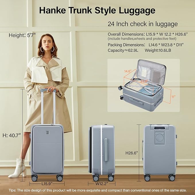 Hanke 24 Inch Luggage with Cup Holder and Charge,Top Opening Hard Shell Suitcases with Wheels and Dividers,Aluminum Frame Trunk Luggage Medium Checked Suitcase with Lock for Travel,Gray