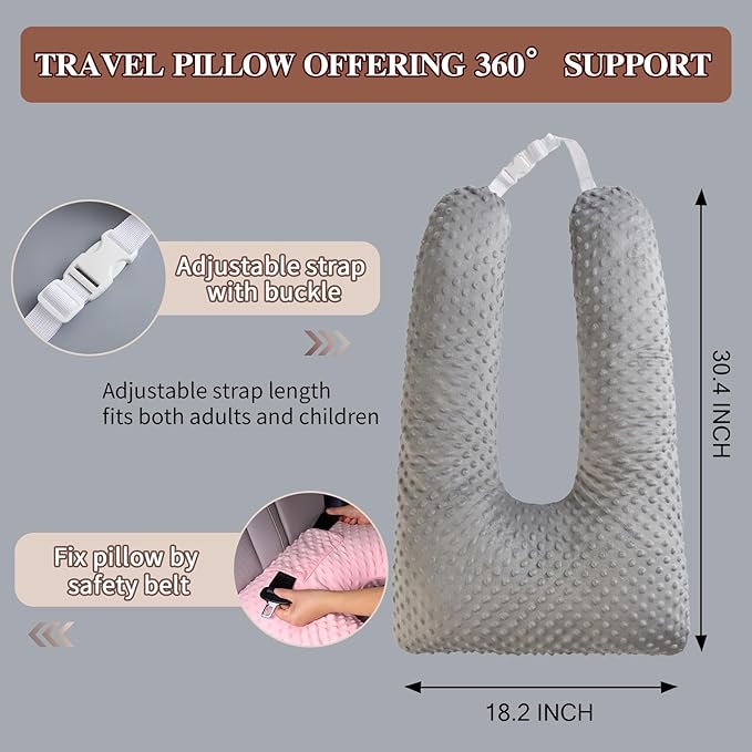 Travel Pillow for Kids Adult, Pillow for Car Sleeping Ultra Large U-Shaped with Removable Soft Cover Support Fix Neck and Body Sitting/Sleeping on The Trip (Grey)