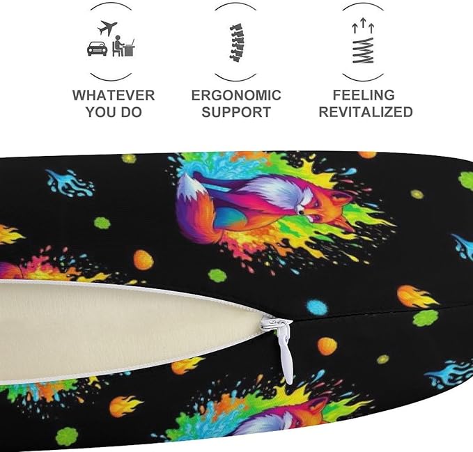 Memory Foam Travel Pillow Colorful Nine Tailed Fox Art, Breathable Chin Head Support, Washable Zip Cover for Airplane Car Office Pain Relief