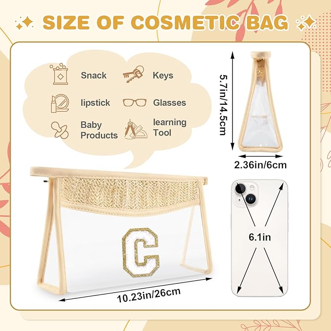 Personalized Initial Letter Bag Boho Straw Clear Makeup Bag,Small Cute Chenille Varsity Letter Bag With Zipper,Beach Travel Toiletry Bag,Portable Monogrammed Cosmetic Bag for Women Girls,C