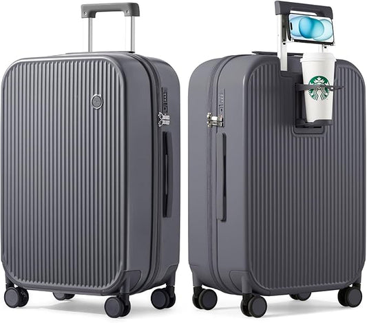 mixi Checked Luggage with Cup Phone Holder Hard Shell Rolling Travel Suitcase with Spinner Wheels,26 Inch Rock Grey