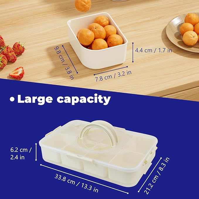 Air-tight Snackle Box Container Dishwasher Safe, Divided Serving Tray with Lid and Handle, Portable Snack Platters Containers for Candy Fruits, Charcuterie Organizer for Picnic 2PCS