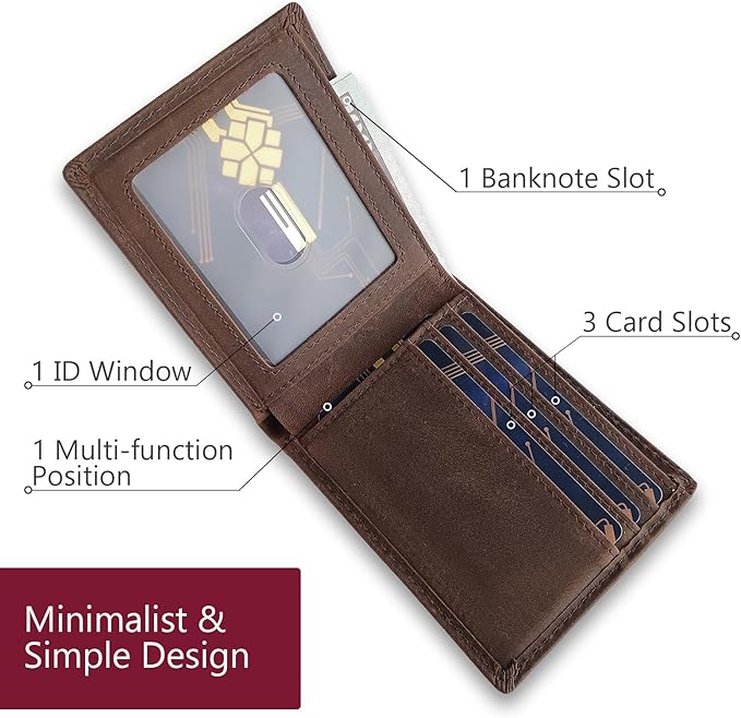 LnxLtw Bifold Travel Wallets for Mens Slim RFID Blocking | Compact Front Pocket Thin Genuine Leather Wallet | Minimalist Credit Card Holder with 4 Card Slots and ID Window Gift Box (Dark Brown)