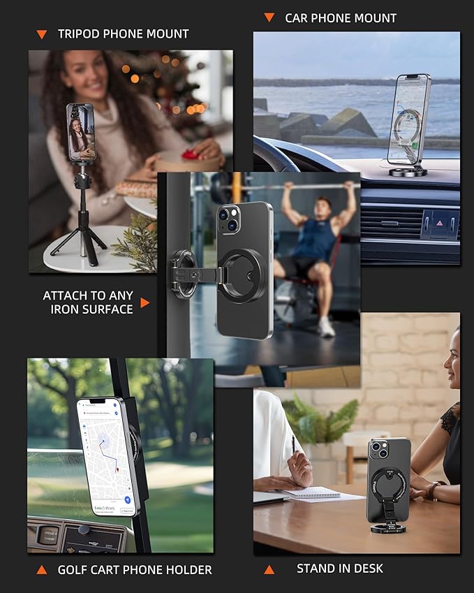 Dual Magnetic Phone Holder Compatiable with Magsafe for iPhone 16 15 14 13 12 Pro Max Plus Series, 1/4" Screw Tripod Mount, Gym Magnetic Phone Stand Travel(Black)