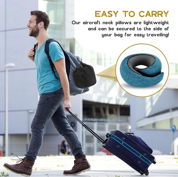 REDOFF®Travel Pillow for Neck Support, Memory Foam Neck Pillow for Airplane, Car, Office - Adjustable Strap with Magic Tape, Breathable & Portable with Storage Bag（Peacock Blue