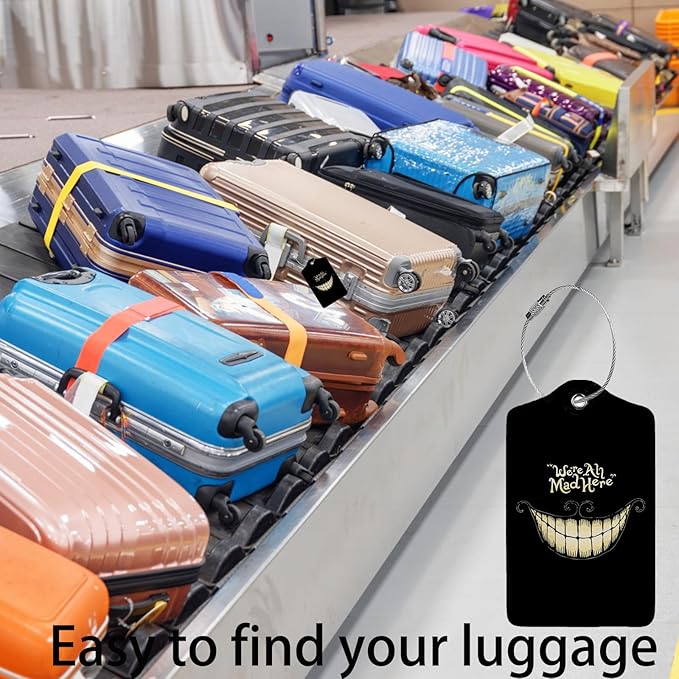 Black Halloween Smile Luggage Tags for Suitcases,2 Pack Luggage Tag, Leather Stainless Steel Loop Label Tag for Women Girl Travel Bag Suitcase