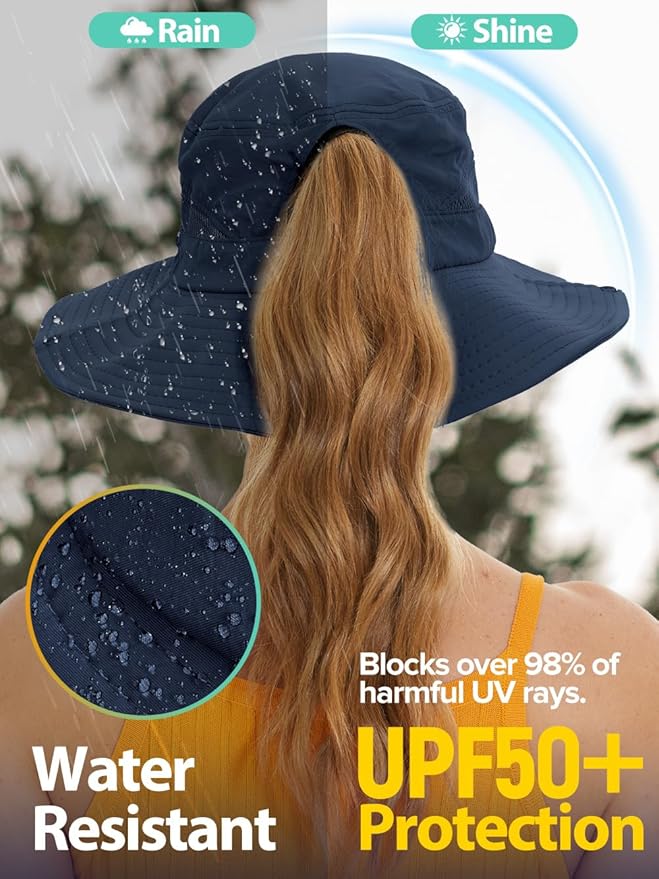 Sun Bucket Beach Hats for Women with Ponytail Hole,Sun Protection UV UPF50+ Waterproof Fishing Safari Hiking Hat