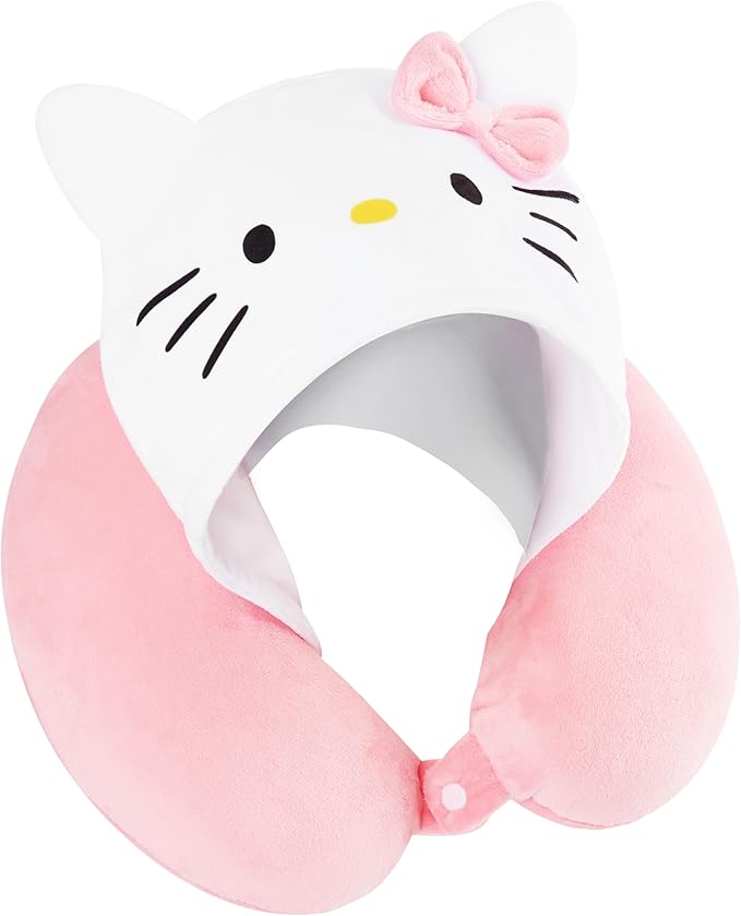 Hello Kitty Girls Teens Travel Pillow with Hood, Memory Foam Cushion Travel Accessories Flight Pillow Neck & Head Support