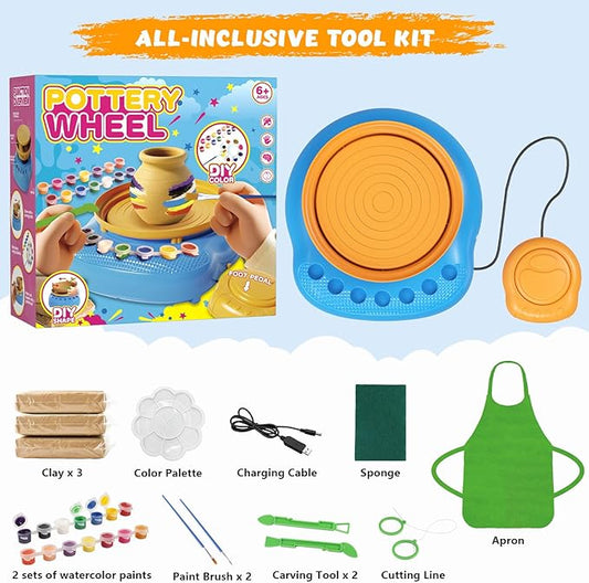 TingingYuli Pottery Wheel for Kids,Complete Pottery Kit and Tools for Beginners,Arts and Crafts Toys for Kids Ages 8-12,Art Supplies Birthday Gifts for Boy Girl Age 6 7 8 9 10 11 12 (Yellow/Blue)