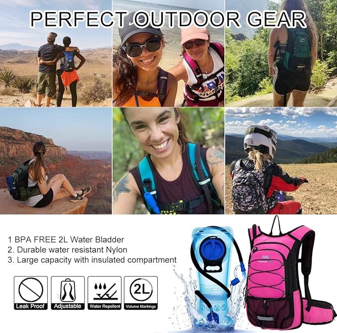 15L Insulated Hydration Backpack Pack with 2L Water Bladder Lightweight Hiking Backpack Bag for Women Men Daypack for Hiking Running Festival Camping Biking