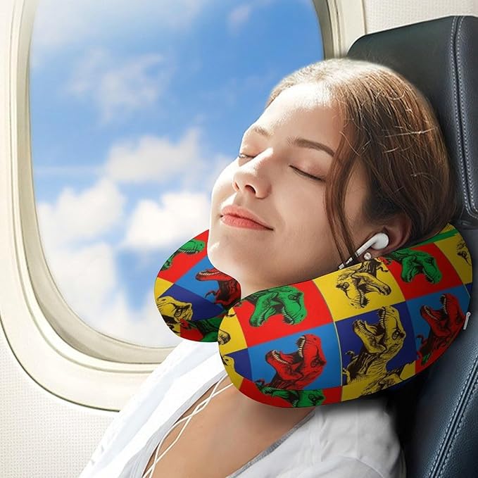 Chin Support Travel Pillow Memory Foam U Shaped Cushion T-Rex Dinosaurs, Breathable Washable Cover for Men Women Airplane Car Sleep