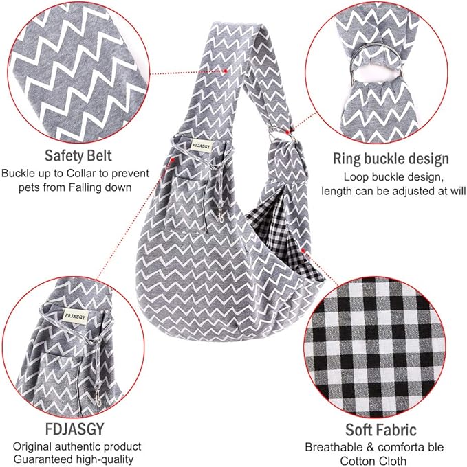 FDJASGY Small Pet Sling Carrier-Hands Free Reversible Pet Papoose Bag Tote Bag with a Pocket Safety Belt Dog Cat for Outdoor Travel (Gray Stripe)
