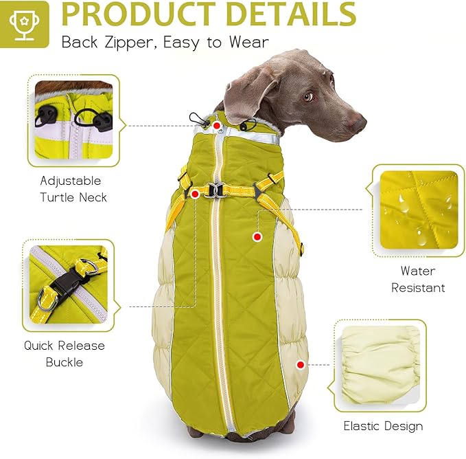 Abuandi Dog Winter Coat with Harness, Dog Jacket, Pet Clothes with Zipper on Back, Waterproof Windproof Warm Vest, Reflective Cold Weather Coats, for Small Medium Large Dogs, Thick, Green, L