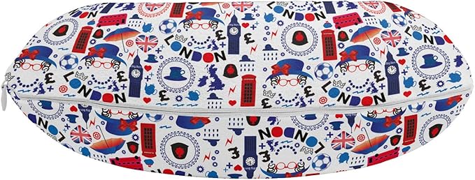 Ambesonne London Travel Pillow Neck Rest, Pattern with London Queen Elizabeth Umbrella Tea Party Map Travel Theme, Memory Foam Traveling Accessory for Airplane and Car, 12", Ruby Blue