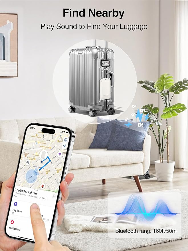 TopMade Smart Luggage Tag with Apple Find My, Premium Leather Luggage Tags for Suitcase, Travel Bags, Backpacks, Anti-Lost Suitcase Tag Tracker for Travel with Privacy Name Card, Rechargeable