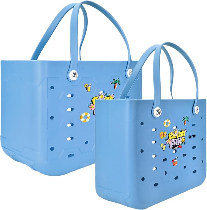 2-Piece Tote Bag Set, Waterproof Rubber Beach Bag with Summer Pattern, Medium & Large Handbag for Pool, Beach, Boat