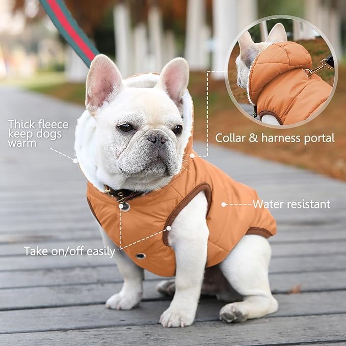 Fleece Hoodie, Windproof Waterproof Coat, Winter Warm Jacket, Cold Weather Pet Apparel Clothes Vest for Small Medium Large Dogs, Khaki, M