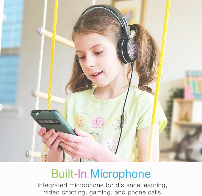 MEE audio KidJamz KJ55 Safe Listening USB-C Headphones for Children with Multicolor LED Lights, Volume Limiter, & Microphone; On-Ear Wired Kid Headset for iPhone 16, iPad, & USB Type C Devices (Black)