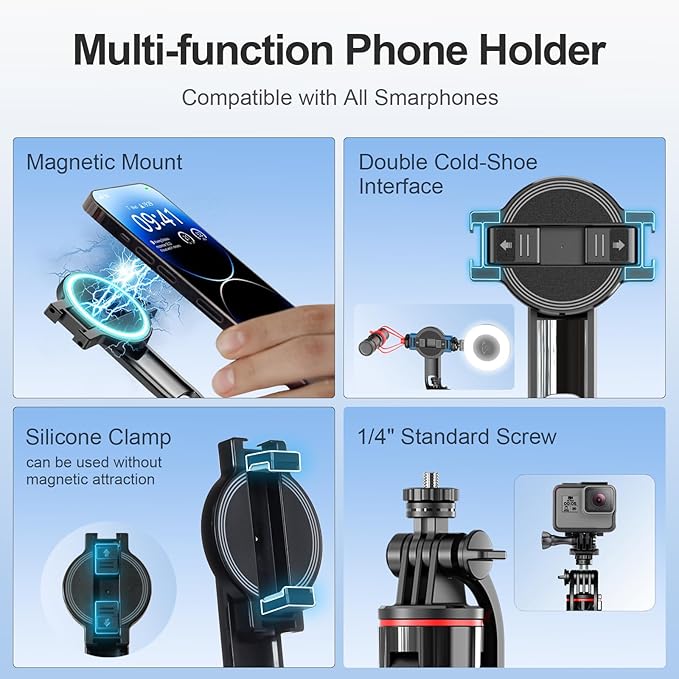 51'' Magnetic Tripod Selfie Stick Stand for Phone with Light,Bluetooth Remote, Mini Holder,MagSafe-Compatible Tripod for Cell Phone Camera Pocket,Portable Extendable Mount for Video Recording