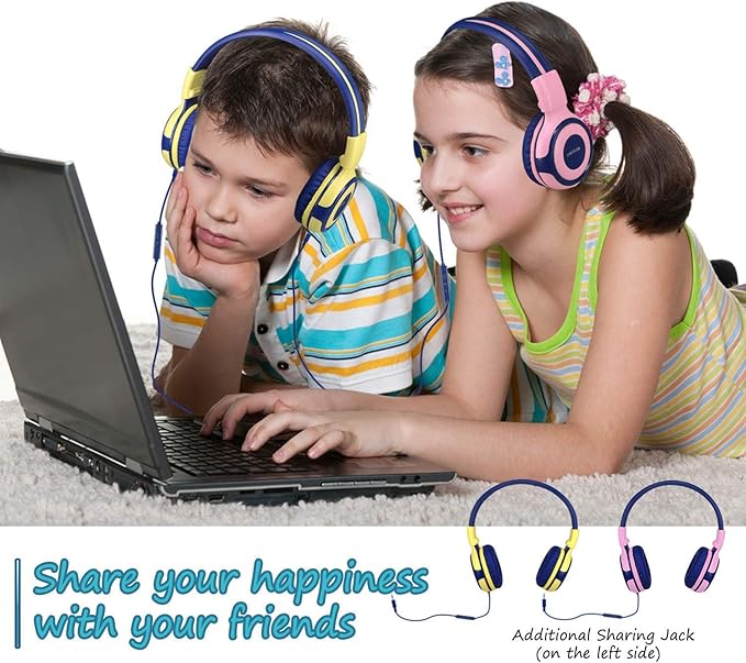 SIMOLIO Kids Headphones with Microphone, 75dB-85dB-94dB Volume Limited Children Headphone with Share Port, On-Ear Wired Headset for PC, Tablet, Airplane Travel(Yellow)