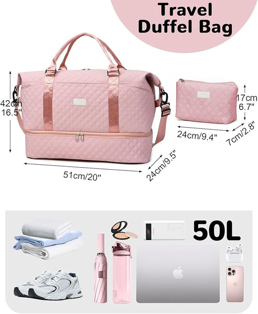50L Large Travel Duffel Bag with Shoe Compartment & Toiletry Bag for Women, Large Hospital Bag with Wet Pocket, Pink