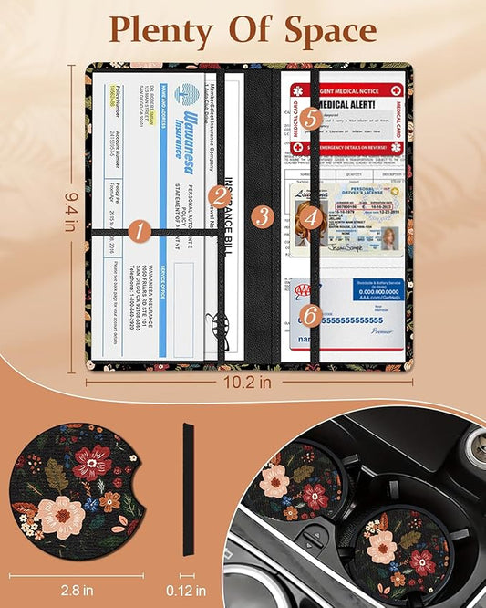 Slohif Car Registration and Insurance Card Holder - Blossom Vehicle Glove Box Organizer Women with Magnetic Shut Leather Automobile License Holders Coasters Auto Accessories Case for Document