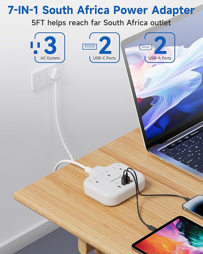 South Africa Plug Adapter, Type M Adapter for South Africa with 3 AC Outlets & 4 USB Ports(2 USB C) 15.5W, 3FT Extension Cord, Africa Travel Essentials for USA to South Africa Namibia Nepal Malaysi