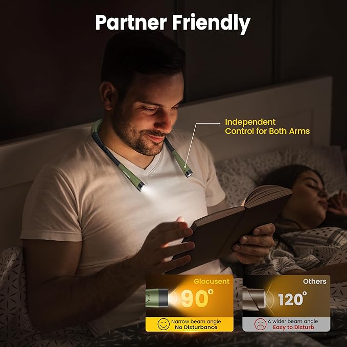 Glocusent Book Light, 3-Color & 6-Brightness Reading Light, Bendable Neck Light, 80-hr Lasting Rechargeable Lamp, Perfect Book Light for Reading in Bed, Knitting, Camping, Repairs(Green)