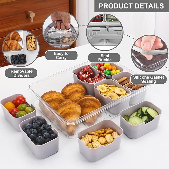 shopwithgreen 2Pcs Snackle Box Container, Divided Serving Tray with Lid and Handle, Snack Box Container Food Platter Charcuterie for Party, Veggies, Snack, Fruit, Nuts, Entertaining, Picnic,Gray