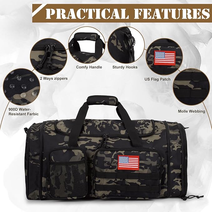 Tactical Duffle Bag For Travel Expandable 52L Large Duffle Bag For Men Gym Duffel With Wet Pocket Multi-Functional Carry On Bags Weekender Overnight Bag Organizer Duffel Bag For Travel