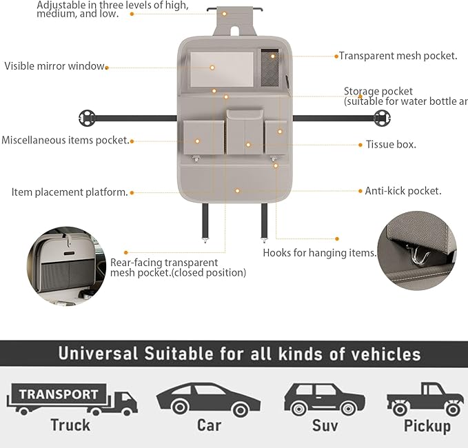 Car Seat Organizers,Multi-functional Back Seat Protectors, Storage Pouches, and Tray Holders (for Cars, Kids, Seat Back and Rear Seats) (Plain Gray, 2 Pcs)