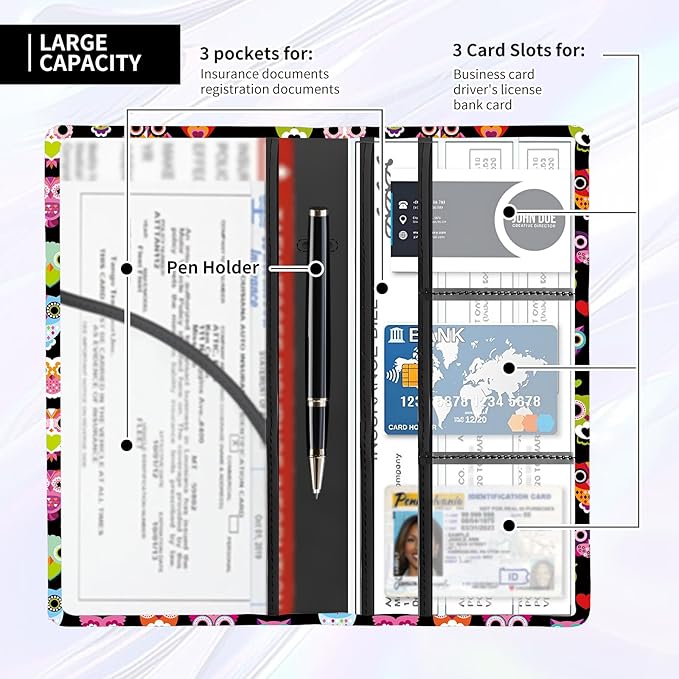 Leather Car Registration and Insurance Card Holder, Cute Car Accessories Vehicle Glove Box Car Organizer for Documents, Cards, License Cute Colorful Owls