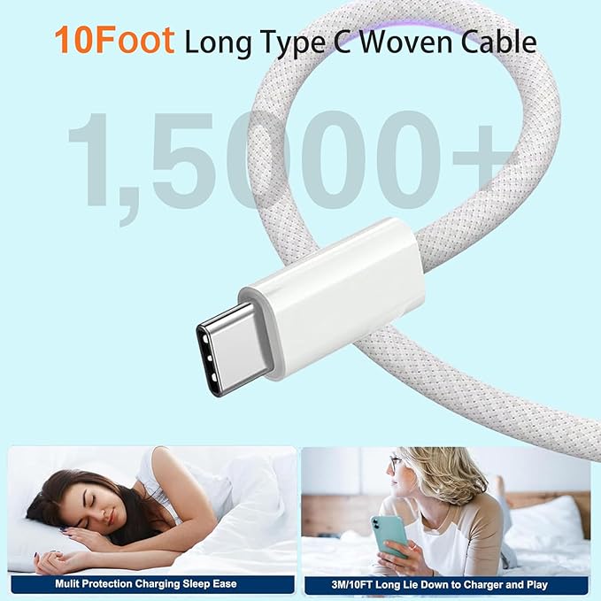 10FT iPhone 16 15 Charger Fast Charging,2Pack 20W Type C Chargers USB C Block 10Foot USB C to USB C Woven Cable, Apple i Phone 16 Charger for iPhone 16/16 Plus/16 Pro/16 Pro Max/iPhone 15 Pro Max/iPad