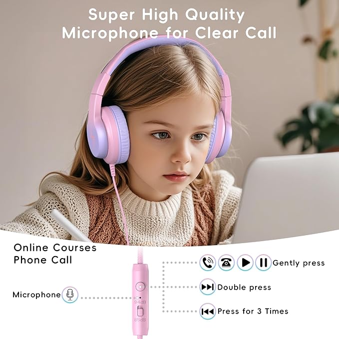 Kids Wired Headphones for Kids with Microphone, 85/94dB Volume Limiter Headphones for Girls Boys, Light Purple