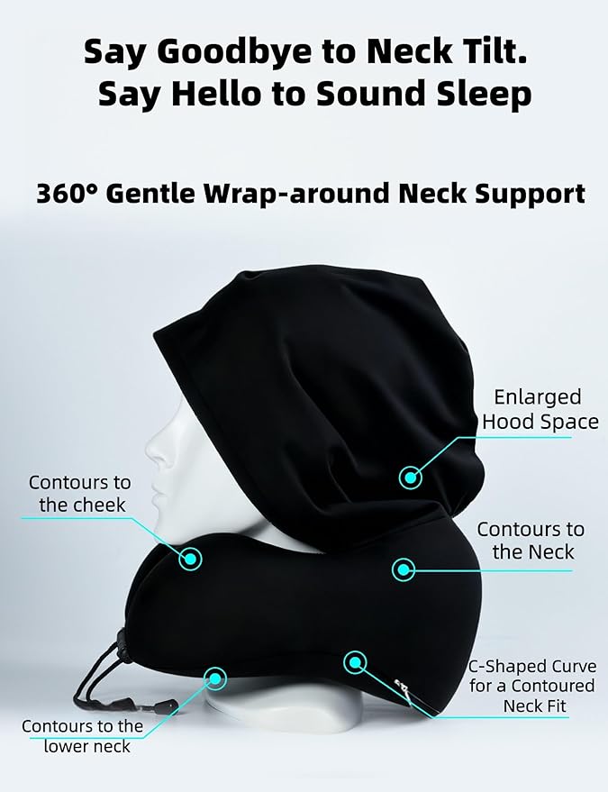 Travel Pillow with Extra Large Hood Rollable Airplant Hooded Neck Pillow with Memory Foam Filling and Removable, Skin-Friendly Cover with a Carrying Pouch