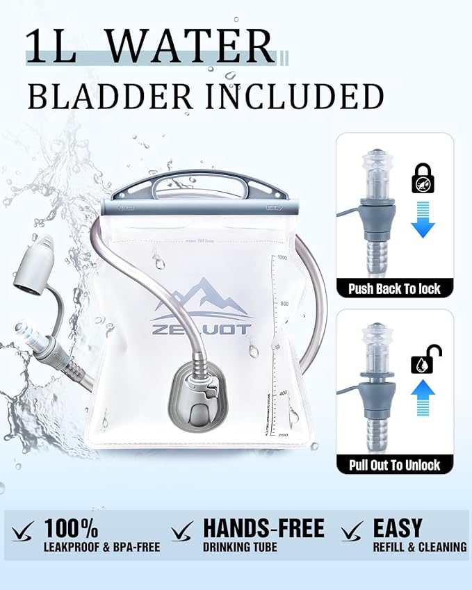 Chest Pack with 1L Water Bladder, USA Original Patent, Lightweight Adjustable Running Vest for Men Women, Reflective Running Hydration Vest for Hiking, Cycling