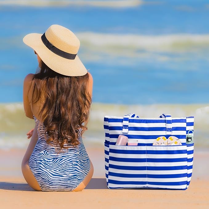 KABAQOO Extra Large Beach Bag Waterproof Sandproof Women Beach Tote with Zipper & Wet Compartment for Pool Gym Grocery Travel