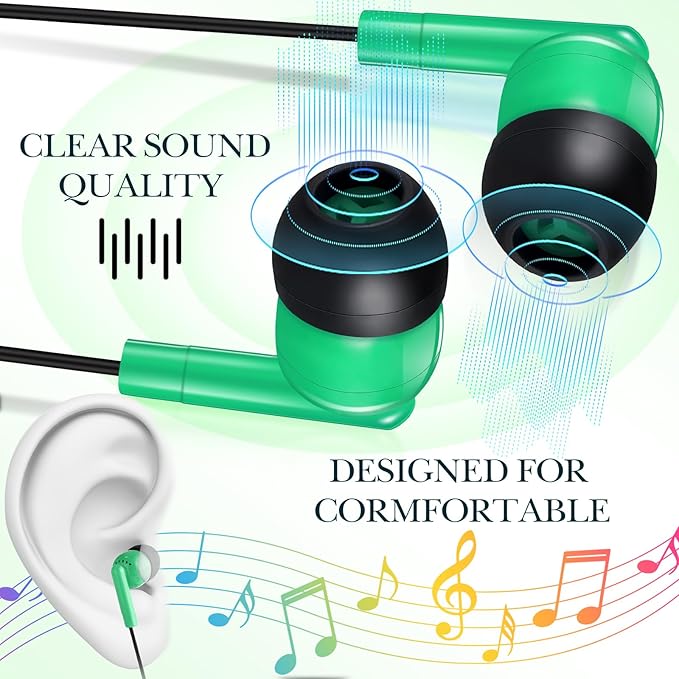 Kanayu 100 Pack Wired Earbuds Bulk for Classroom Ear Headphones Wired Basic Student Earbuds No Microphone with 3.5MM Jack for Class Laptop School Library, Individually Bagged (Green)