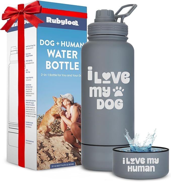 Dog Water Bottle for Dog Lovers - 32 oz Stainless Steel Double Wall Insulated Water Bottle with 8 oz Detachable Bowl on Bottom- Ideal Gift for Doggy Lovers for Christmas - “Love Smoky Grey
