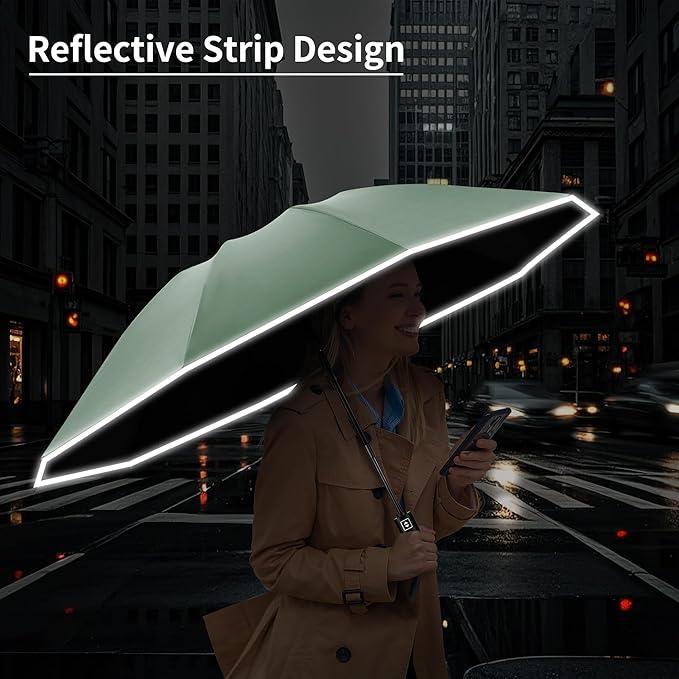 Seniny Travel Umbrella with Carabiner Handle, Windproof Large Umbrellas for Rain with Dual-Rib Structure, Portable Compact Umbrella with Reflective Strip, Car Backpack UV Umbrellas for Sun Protection