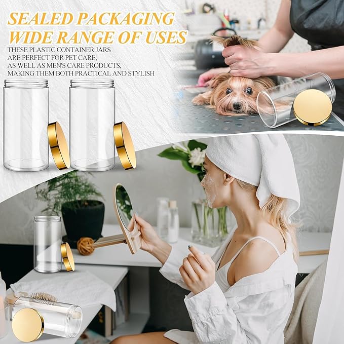 SATINIOR 12 Pack 32 oz Plastic Container Jars with Lids Round Clear Travel Cosmetic Container Slime Jars for Toiletries, Lotion, Cream, Ointments, Makeup, Rhinestone, Samples, Kitchen Storage(Gold)