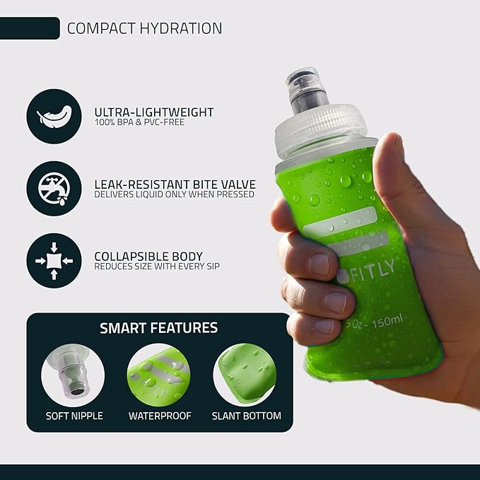 FITLY Soft Flask - Shrink As You Drink Soft Water Bottle for Hydration Pack - Folding Water Bottle Ideal for Running, Hiking, Cycling, Climbing & Rigorous Activity