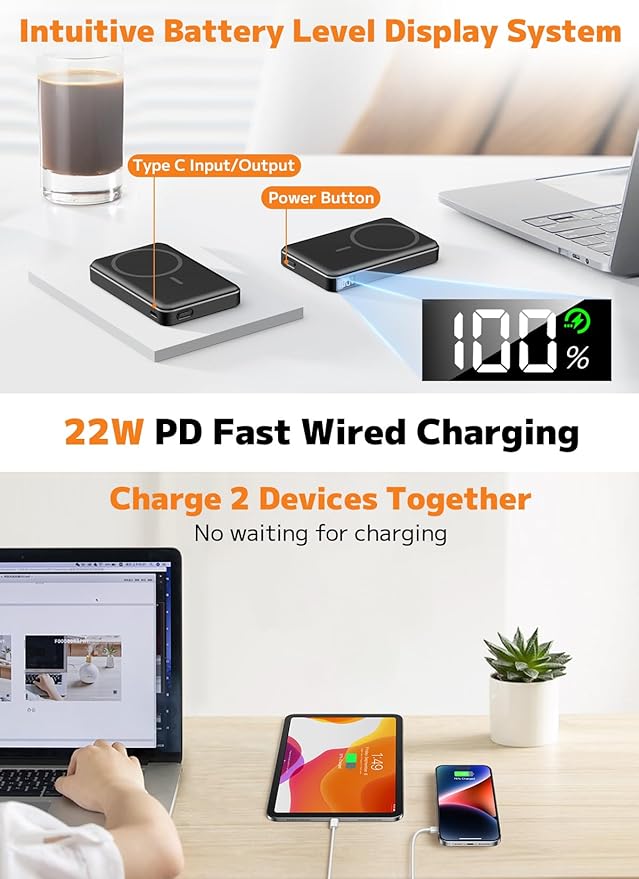 for Magsafe Portable Charger,10000mAh Power Bank with Type-C 20W PD Fast Charging, Lightweight and Slim, LED Display for Magsafe Battery Pack for iPhone 17/16/15/14 All Series, Black